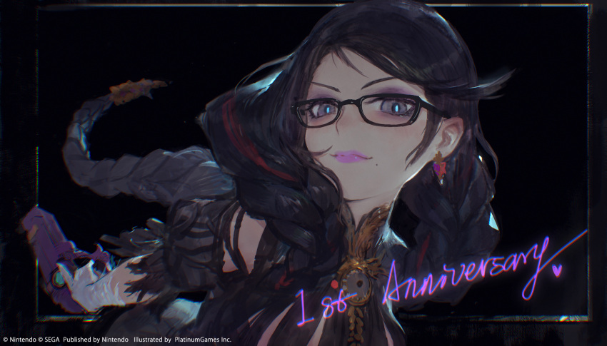 1girl anniversary artist_request bayonetta bayonetta_(series) bayonetta_3 black_background black_hair braid close-up earrings eyeshadow gloves grey_eyes gun handgun highres holding holding_gun holding_weapon jewelry light_smile lipstick long_hair looking_at_viewer makeup multicolored_hair official_art pink_lips red_hair solo streaked_hair twin_braids two-tone_hair very_long_hair weapon white_gloves