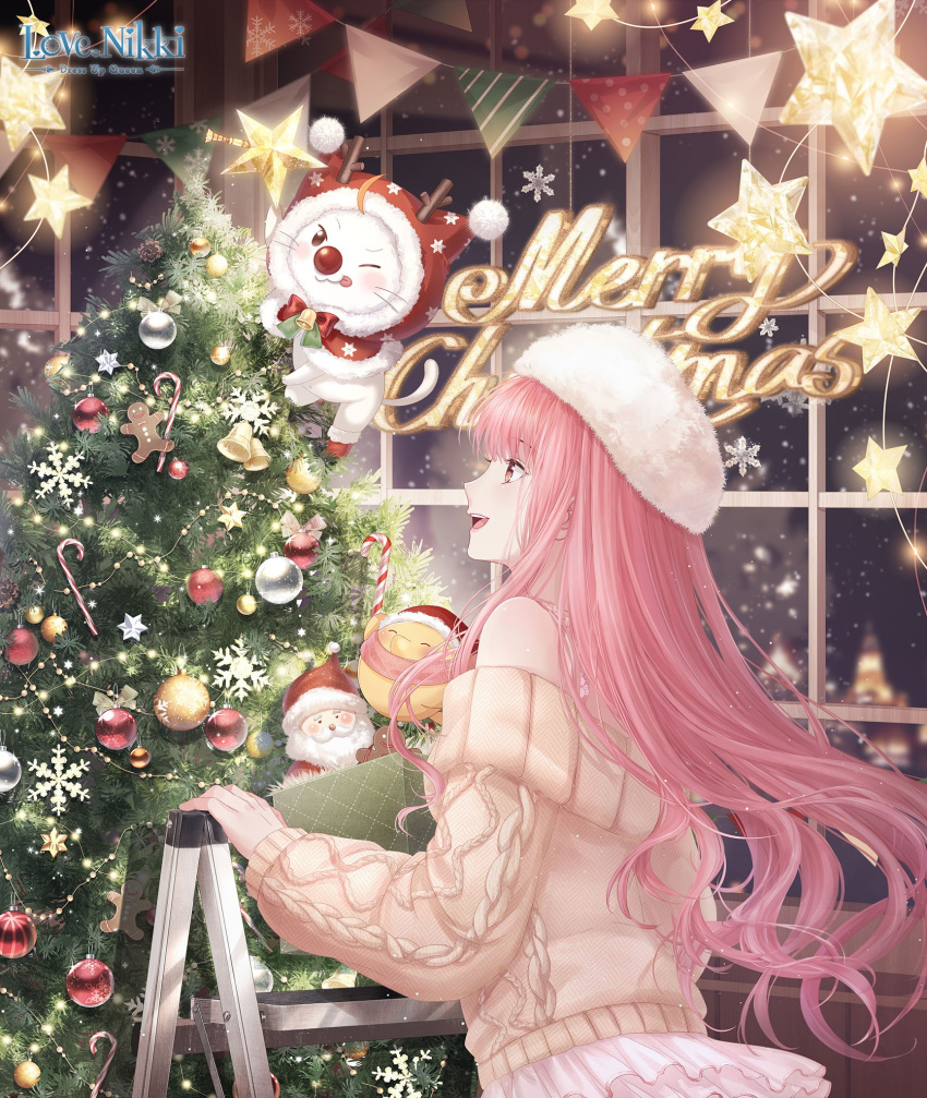 1girl bare_shoulders bell brown_eyes cat christmas_tree copyright_name dress gingerbread_man highres indoors ladder long_hair merry_christmas miniskirt miracle_nikki momo_(miracle_nikki) nikki_(miracle_nikki) official_art open_mouth pink_hair pink_skirt skirt sweater white_headwear