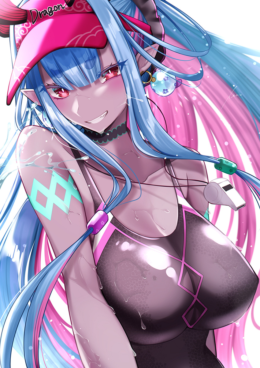 1girl bare_shoulders black_one-piece_swimsuit blue_hair blush body_markings breasts cleavage collarbone colored_skin earrings fate/grand_order fate_(series) grey_skin grin highres horns ibuki_douji_(fate) ibuki_douji_(swimsuit_berserker)_(fate) ibuki_douji_(swimsuit_berserker)_(first_ascension)_(fate) ichi_kq jewelry large_breasts long_hair looking_at_viewer multicolored_hair one-piece_swimsuit oni oni_horns pink_hair pink_headwear pink_one-piece_swimsuit pointy_ears ponytail red_eyes sidelocks smile solo swimsuit two-tone_swimsuit visor_cap wet whistle whistle_around_neck