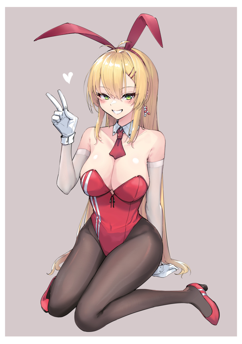 1girl alternate_costume animal_ears blonde_hair breasts cleavage detached_collar fake_animal_ears gloves green_eyes hand_up high_heels highleg highleg_leotard highres large_breasts leotard long_hair necktie one_eye_covered pantyhose playboy_bunny rabbit_ears red_leotard short_necktie sitting smile solo strapless strapless_leotard tsurumaki_maki v voiceroid wariza white_gloves zooanime