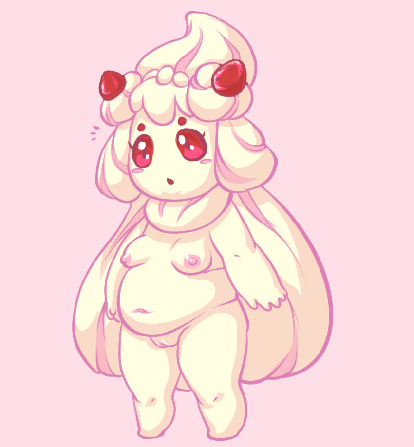 2019 alcremie belly big_belly blush blush_stickers breasts featureless_feet female food food_creature food_humanoid front_view fruit full-length_portrait generation_8_pokemon genitals glistening glistening_eyes hi_res humanoid monochrome navel nintendo nipples not_furry nude open_mouth overweight overweight_female pink_and_white pink_background plant pokemon pokemon_(species) portrait pseudo_hair pussy red_sclera simple_background small_breasts solo standing strawberry tourmalice young