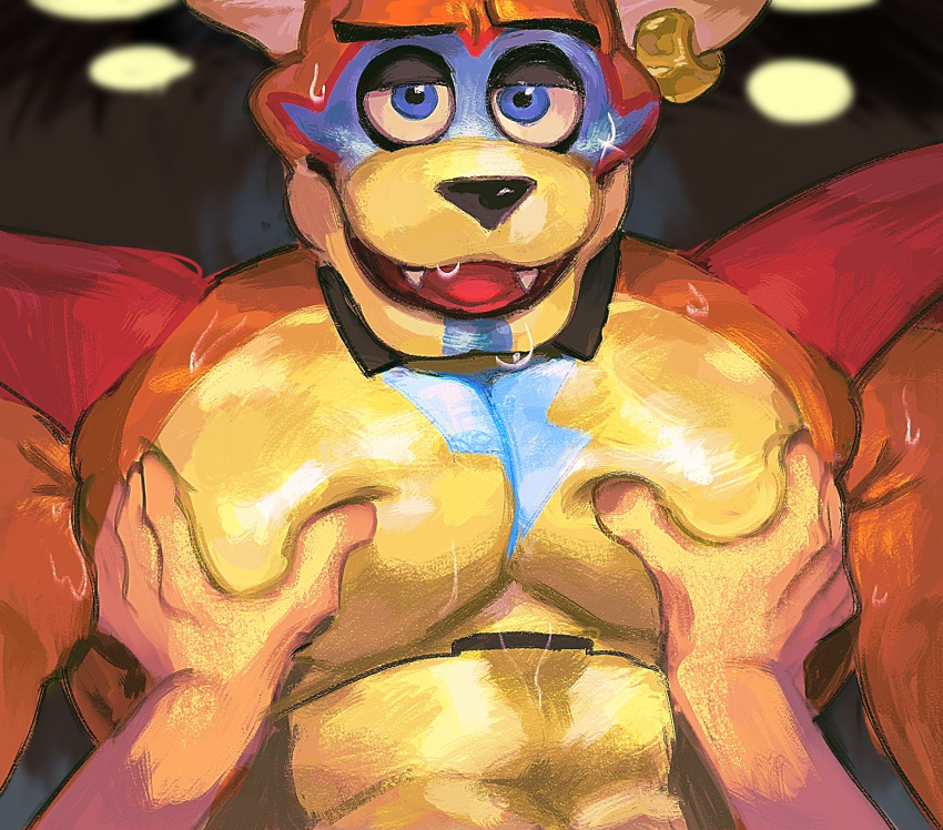 2023 abs ambiguous_gender animatronic anthro bear biceps bodily_fluids bodypaint bow_tie digital_media_(artwork) duo ear_piercing ear_ring eyebrows face_paint first_person_view five_nights_at_freddy's five_nights_at_freddy's:_security_breach glamrock_freddy_(fnaf) hi_res human human_pov kogito machine male male/ambiguous mammal muscular muscular_anthro muscular_male open_mouth open_smile pec_grab pec_squeeze pecs piercing pov_hands ring_piercing robot scottgames shoulder_pads smile steel_wool_studios sweat teeth tongue