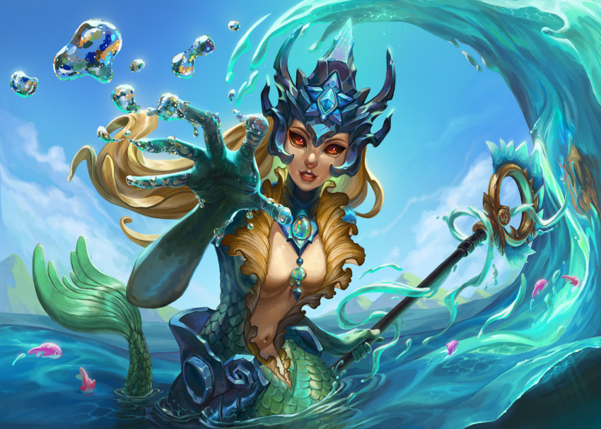 1girl absurdres blonde_hair breasts cloud colored_skin crown day gem green_skin hand_up highres holding holding_staff horns large_breasts lauraklein league_of_legends long_hair looking_at_viewer mermaid monster_girl nami_(league_of_legends) navel ocean outdoors red_eyes red_lips redrawn smile solo staff teeth water waves