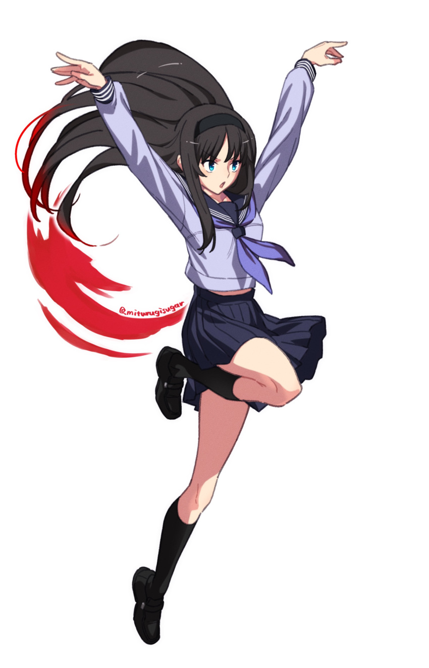 1girl absurdres arms_up black_hair black_hairband black_sailor_collar black_skirt blue_eyes breasts full_body hairband highres kneehighs loafers long_hair long_sleeves mitsurugi_sugar neckerchief open_mouth plaid plaid_skirt sailor_collar school_uniform shirt shoes skirt small_breasts socks solo tohno_akiha tsukihime white_shirt