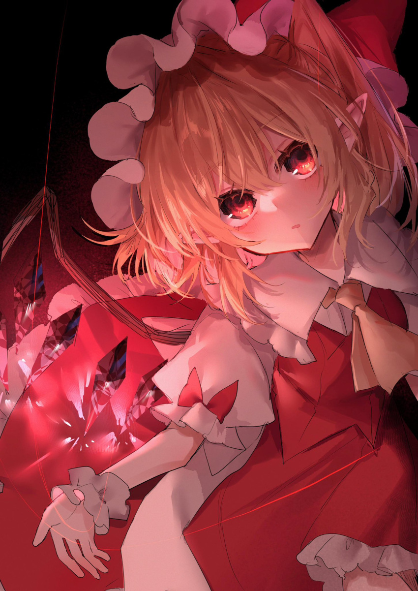 1girl :/ ascot blonde_hair crystal flandre_scarlet hat highres mob_cap one_side_up parted_lips pointy_ears puffy_short_sleeves puffy_sleeves red_eyes red_vest rori82li short_sleeves skirt solo touhou vest white_headwear wings wrist_cuffs yellow_ascot