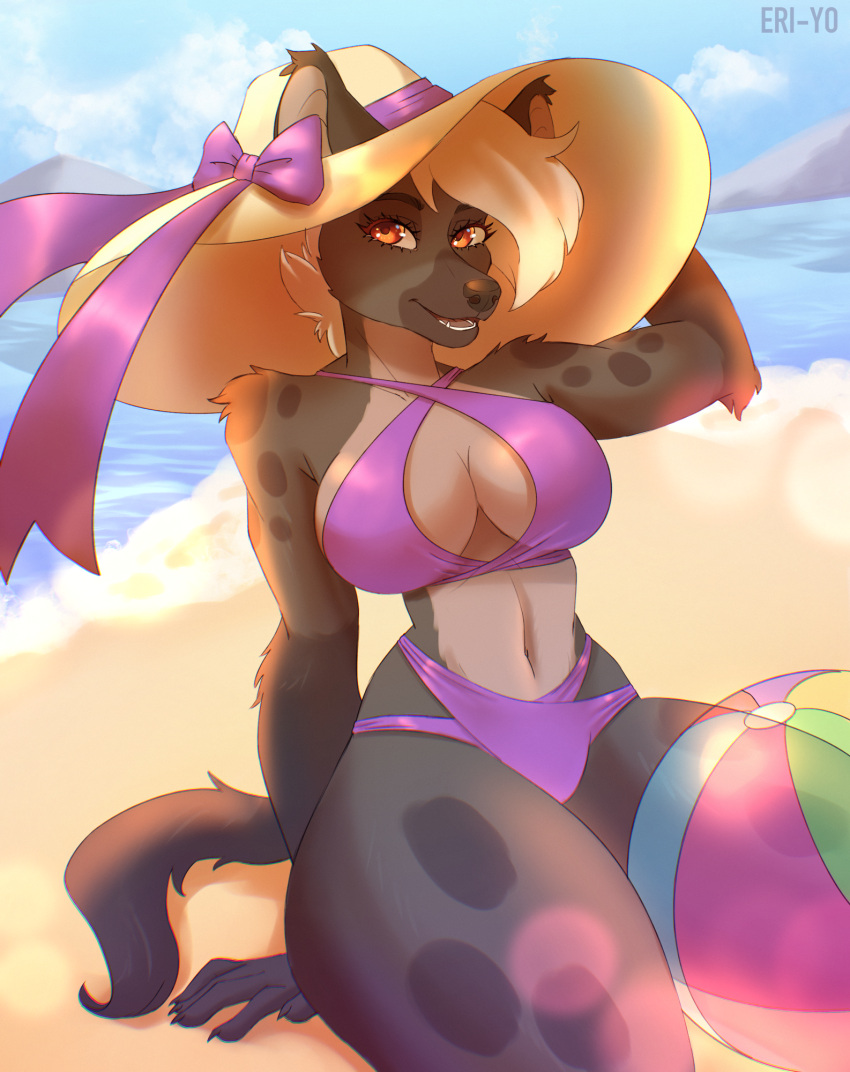 2023 anthro beach breasts brown_eyes clothed clothing day detailed_background digital_media_(artwork) eri-yo eyebrows eyelashes female hat headgear headwear hi_res hyena mammal navel outside sand seaside shoreline sky solo water