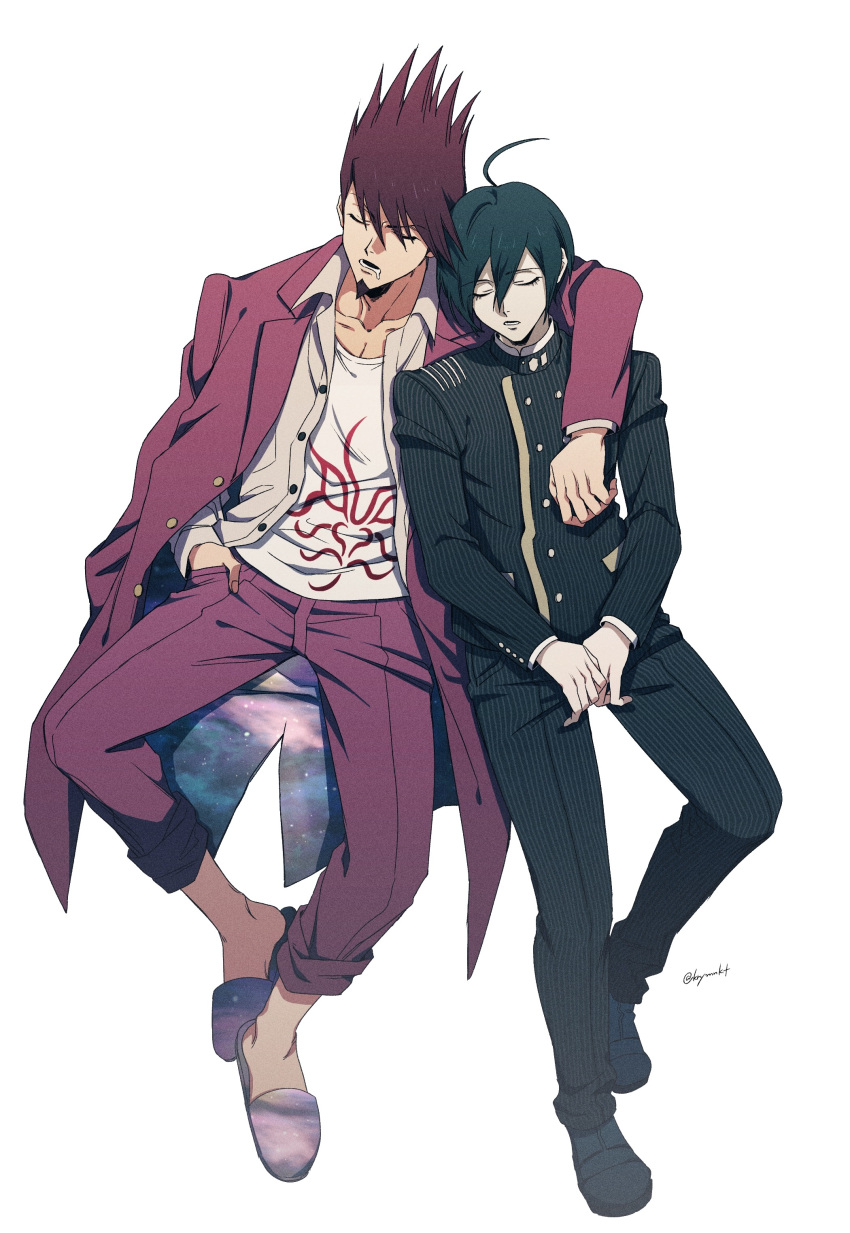 2boys absurdres ahoge arm_around_shoulder bangs black_hair buttons closed_eyes collarbone danganronpa_(series) danganronpa_v3:_killing_harmony double-breasted dress_shirt facial_hair facing_viewer goatee hair_between_eyes hand_in_pocket height_difference highres jacket lower_teeth_only male_focus momota_kaito monochrome multiple_boys open_clothes open_mouth open_shirt pants pink_jacket pink_pants print_shirt purple_hair saihara_shuuichi shirt shoes short_hair sitting spiked_hair striped striped_jacket striped_pants teeth tuzuriya white_shirt