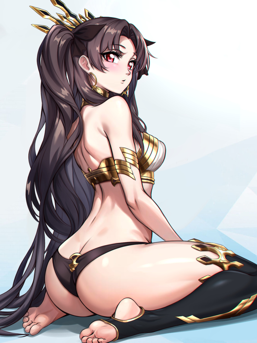 1girl ass barefoot blush breasts brown_hair earrings fate/grand_order fate_(series) feet highres hoop_earrings ishtar_(fate) jewelry legs long_hair looking_at_viewer looking_back medium_breasts no_shoes parted_bangs sitting soles solo stirrup_legwear tiara toeless_legwear toes two_side_up wariza zantyarz