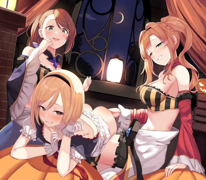 3girls absurdres ass bare_shoulders beatrix_(granblue_fantasy) beatrix_(halloween)_(granblue_fantasy) blonde_hair blush bob_cut braid breasts brown_eyes brown_hair cloud cloudy_sky commentary_request crescent_moon detached_sleeves djeeta_(granblue_fantasy) french_braid frills gloves granblue_fantasy green_eyes grin hairband halloween halloween_costume highres indoors jack-o'-lantern lantern large_breasts midriff moon multiple_girls night open_mouth orange_hair over_the_knee ponytail pumpkin shirt sky smile smug spanked spanking star_(sky) starry_sky strapless strapless_shirt teeth twintails window yamato_(muchuu_paradigm) yuri zeta_(granblue_fantasy) zeta_(halloween)_(granblue_fantasy)