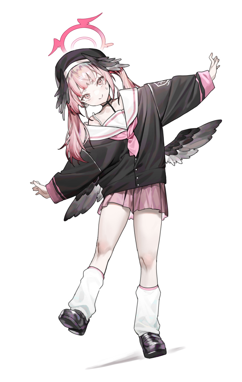 1girl absurdres alver black_shirt blue_archive closed_mouth full_body halo highres koharu_(blue_archive) leaning_to_the_side long_sleeves low_wings pink_eyes pink_hair pink_skirt shirt shoes simple_background skirt smile socks solo standing standing_on_one_leg twintails white_background white_socks winged_hat wings