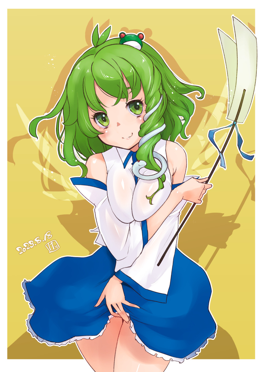 1girl antenna_hair blue_skirt blush border breasts breasts_squeezed_together closed_mouth collared_shirt commentary_request cowboy_shot dated detached_sleeves frilled_skirt frills frog_hair_ornament gohei green_eyes green_hair hair_ornament highres kei_jiei kochiya_sanae large_breasts long_hair looking_at_viewer medium_bangs outside_border shadow shirt single_sidelock skirt sleeveless sleeveless_shirt smile snake_hair_ornament solo touhou white_border white_shirt white_sleeves yellow_background