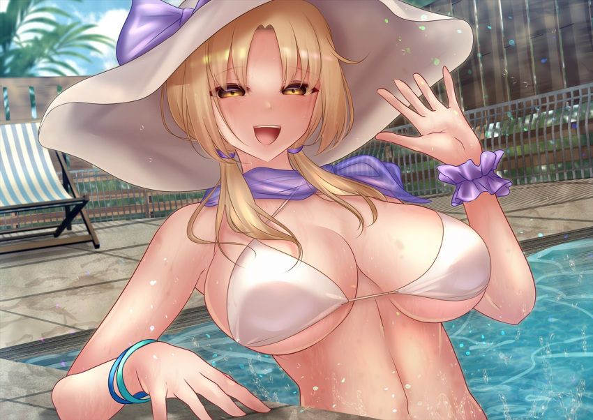 1girl bikini blonde_hair breasts chair cleavage coconut_tree fence hat louise_(touhou) lounge_chair palm_tree pool shounen_(hogehoge) solo swimsuit touhou touhou_(pc-98) tree white_bikini white_headwear yellow_eyes