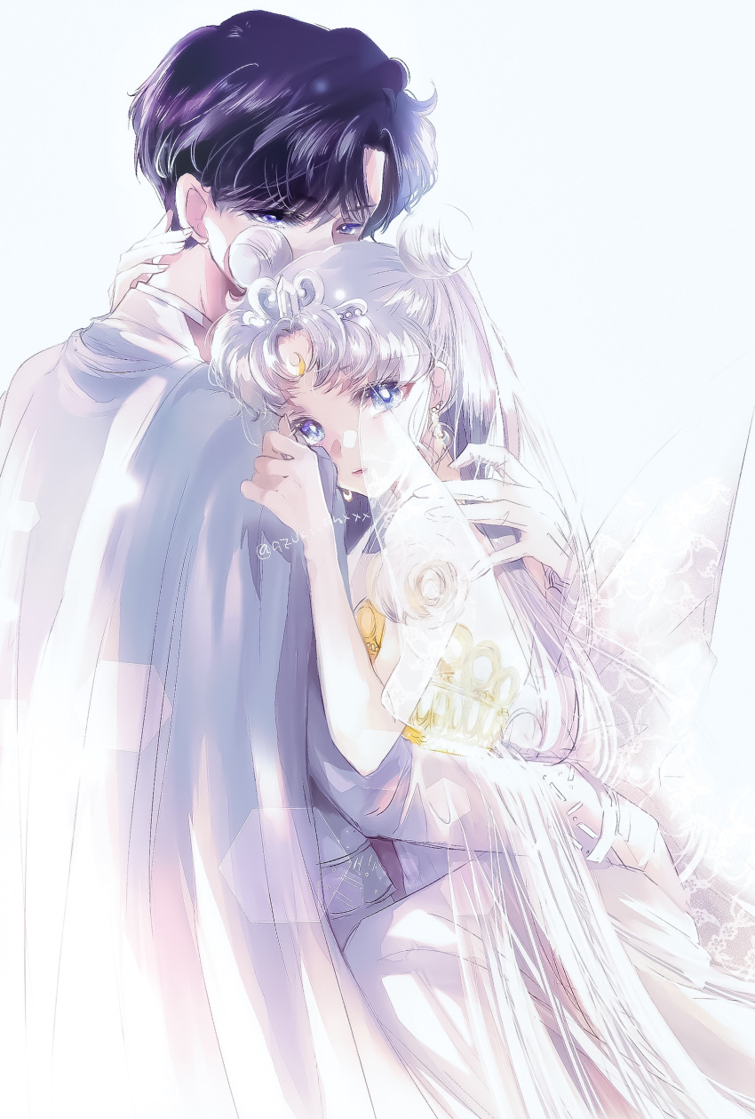 1boy 1girl absurdres arm_around_back back_bow bare_shoulders bishoujo_senshi_sailor_moon black_hair blue_eyes bow cape chiba_mamoru couple crescent crescent_facial_mark detached_sleeves dolcexxx double_bun dress earrings facial_mark forehead_mark grey_cape grey_hair hair_bun hetero highres hug jewelry long_hair looking_at_viewer neo_queen_serenity parted_bangs short_hair short_sleeves tiara tsukino_usagi twintails twitter_username very_long_hair white_background white_dress