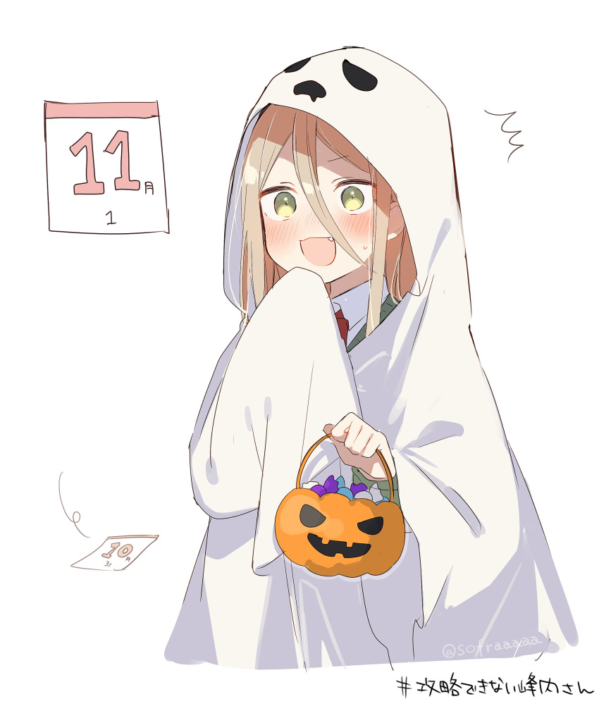 1girl :d ^^^ absurdres blush brown_hair calendar_(object) candy_wrapper collared_shirt commentary_request fang ghost_costume green_sweater hair_between_eyes halloween halloween_bucket hand_up highres holding long_hair long_sleeves nose_blush original shirt simple_background sleeves_past_fingers sleeves_past_wrists smile sofra solo sweat sweater translation_request twintails white_background white_shirt wide_sleeves yellow_eyes