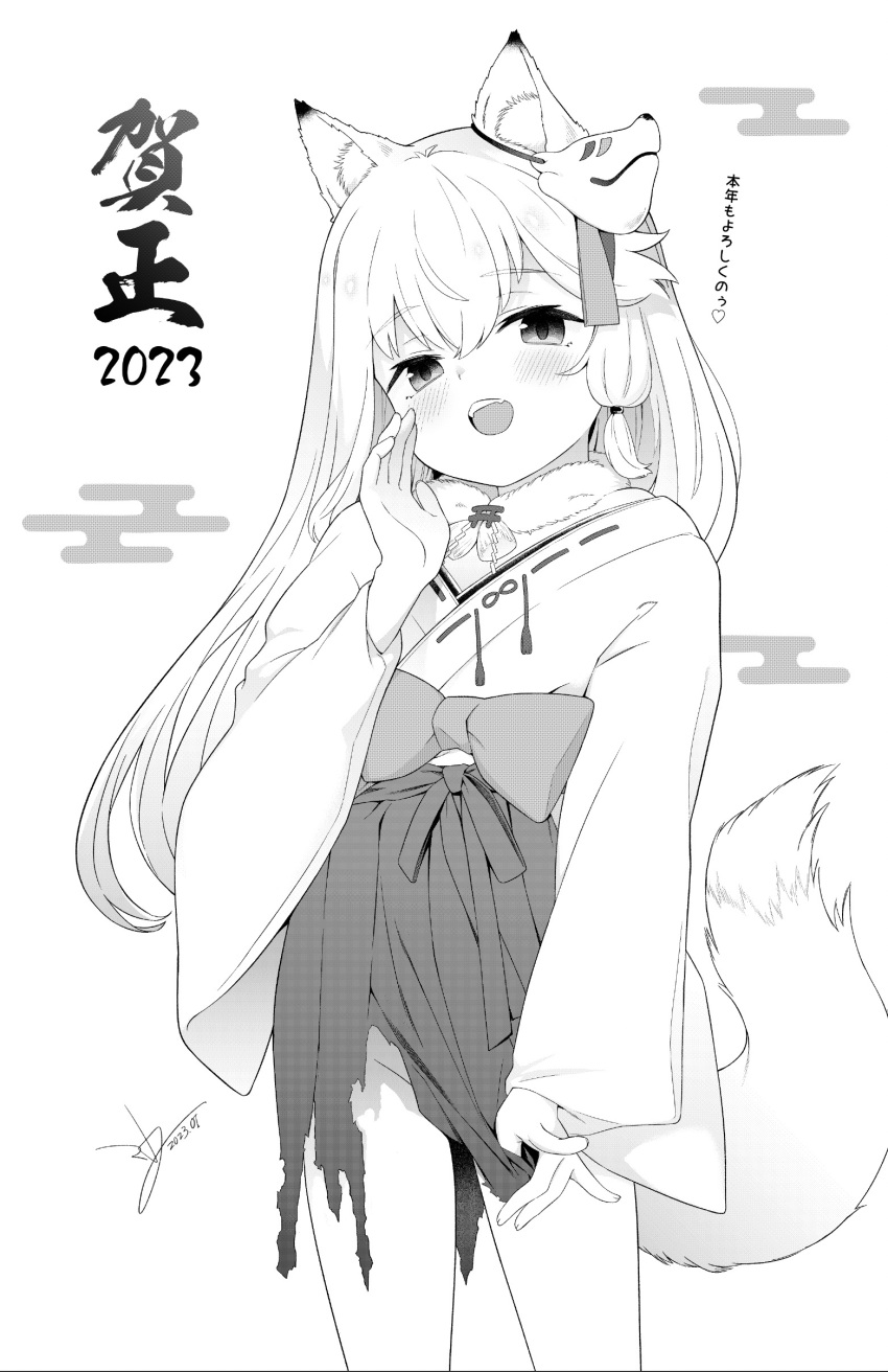 1girl absurdres animal_ear_fluff animal_ears blush bow clothes_pull cowboy_shot dress dress_pull fox_ears fox_girl fox_mask fox_shadow_puppet fox_tail fur_collar greyscale hakama hand_on_own_face happy_new_year highres japanese_clothes kimono long_hair looking_at_viewer mask miko monochrome new_year no_panties open_mouth original ribbon_trim rope saryuu_(iriomote) shimenawa sidelocks signature solo tail torii torn_clothes torn_dress white_kimono wide_sleeves