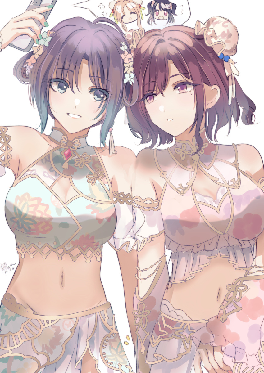 2girls absurdres alternate_hairstyle asakura_toru bare_shoulders black_hair blonde_hair blue_hair breasts brown_hair cellphone cleavage commentary cowboy_shot dated_commentary double_bun eye_contact fang fukumaru_koito gradient_hair grey_eyes hair_bun highres higuchi_madoka holding holding_phone ichikawa_hinana idolmaster idolmaster_shiny_colors kevn large_breasts looking_at_another medium_breasts midriff mole mole_under_eye multicolored_hair multiple_girls navel noctchill_(idolmaster) parted_lips phone purple_eyes purple_hair red_eyes sidelocks signature simple_background smartphone smile twintails white_background yuri