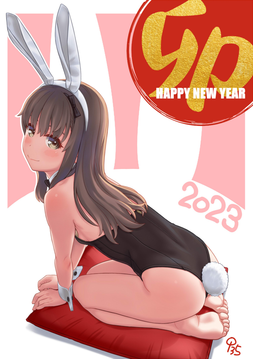 1girl 2023 animal_ears aoi_kumiko arm_support artist_name backless_leotard bare_legs barefoot black_leotard blush brown_eyes brown_hair chinese_zodiac closed_mouth commentary_request cushion fake_animal_ears feet happy_new_year highres leaning_forward legs leotard long_hair looking_at_viewer looking_back new_year no_shoes original oversized_breast_cup playboy_bunny rabbit_ears rabbit_tail seiza shadow signature sitting smile soles solo strapless strapless_leotard tail toes translated year_of_the_rabbit zabuton