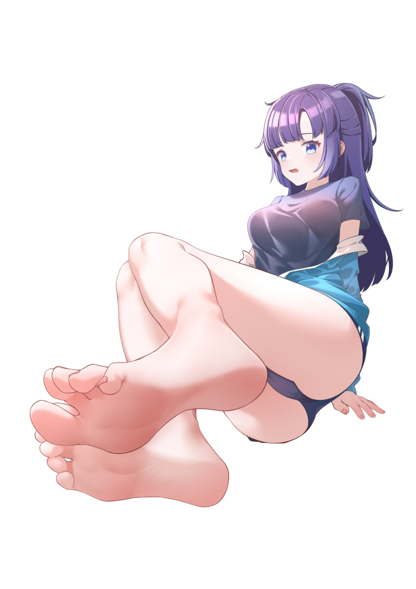 1girl absurdres arm_support ass barefoot blue_archive blue_eyes blue_jacket blue_shirt blue_shorts blunt_bangs breasts chan_sang eyelashes feet foot_focus foreshortening highres jacket knees_up leaning_back legs legs_together long_hair looking_at_viewer medium_breasts micro_shorts off_shoulder open_mouth purple_hair shirt short_sleeves shorts sidelocks simple_background sitting soles solo t-shirt thighs toenails toes white_background yuuka_(blue_archive)