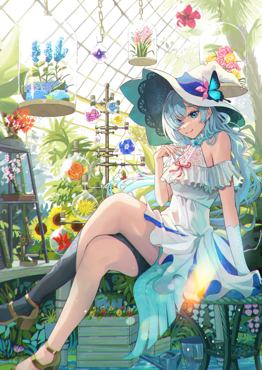 1girl black_thighhighs blue_bow blue_bowtie blue_dress blue_eyes blue_flower blue_hair blue_nails book bow bowtie breasts brown_footwear bucket closed_mouth commentary crossed_legs dress elbow_gloves eyes_visible_through_hair feet_out_of_frame fingernails flask flower gloves greenhouse hair_over_one_eye hand_up hanging_plant hat high_heels highres indoors long_hair looking_at_viewer microscope nail_polish on_stool orange_flower original pink_flower red_flower red_ribbon ribbon sakatsuki_yakumo single_bare_leg single_elbow_glove single_thighhigh sitting small_breasts smile solo sunflower thighhighs two-tone_dress white_dress white_gloves white_headwear witch_hat yellow_flower