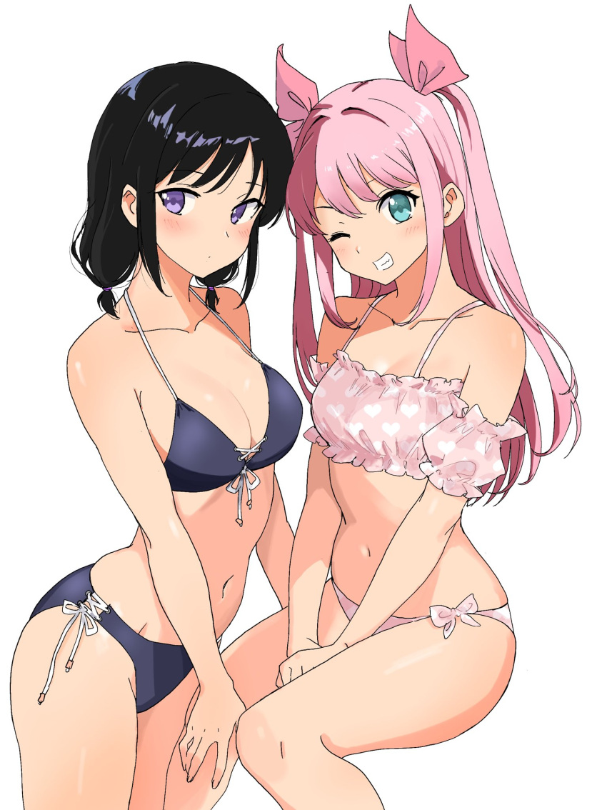 2girls bare_shoulders bikini black_hair blush breasts cleavage closed_mouth collarbone commentary_request detached_sleeves expressionless frilled_bikini frilled_sleeves frills front-tie_bikini_top front-tie_top green_eyes grin hair_ribbon halterneck happy highres invisible_chair kajino_(aosansai) long_hair looking_at_viewer low_twintails medium_breasts multiple_girls navel nemoto_hina one_eye_closed pink_bikini pink_hair pink_ribbon pink_sleeves purple_bikini purple_eyes ribbon short_sleeves side-tie_bikini_bottom sidelocks simple_background sitting smile standing stomach swimsuit tamura_yuri teeth twintails two_side_up watashi_ga_motenai_no_wa_dou_kangaetemo_omaera_ga_warui! white_background