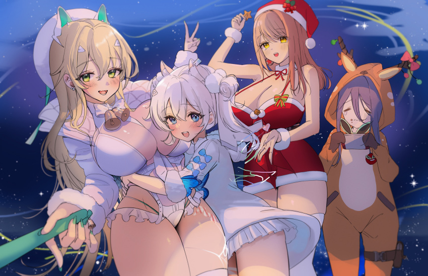 4girls absurdres animal_costume animal_ear_fluff animal_ears ash_(cat7evy) bare_shoulders bell beret black_hair blonde_hair blue_eyes blush bow breasts brown_hair christmas cleavage clinging controller dress earrings emma_(color_me_red)_(nikke) emma_(nikke) exia_(joy_to_the_nerds)_(nikke) exia_(nikke) fingernails fur_cuffs fur_hat fur_trim game_console game_controller goddess_of_victory:_nikke green_eyes hair_between_eyes hair_ornament hairclip hands_up hat head_on_chest highres holding holding_controller holding_game_controller hood hoodie hug jewelry jumpsuit large_breasts light logo long_hair long_sleeves looking_at_viewer multiple_girls n102_(miracle_fairy)_(nikke) n102_(nikke) nail_polish neck_bell official_alternate_costume open_mouth red_dress reindeer_costume ribbon rupee_(nikke) rupee_(winter_shopper)_(nikke) santa_costume santa_dress santa_hat shiny_clothes short_sleeves sidelocks simple_background smile standing thigh_pouch thighs upper_body watch white_hair wristwatch yellow_eyes
