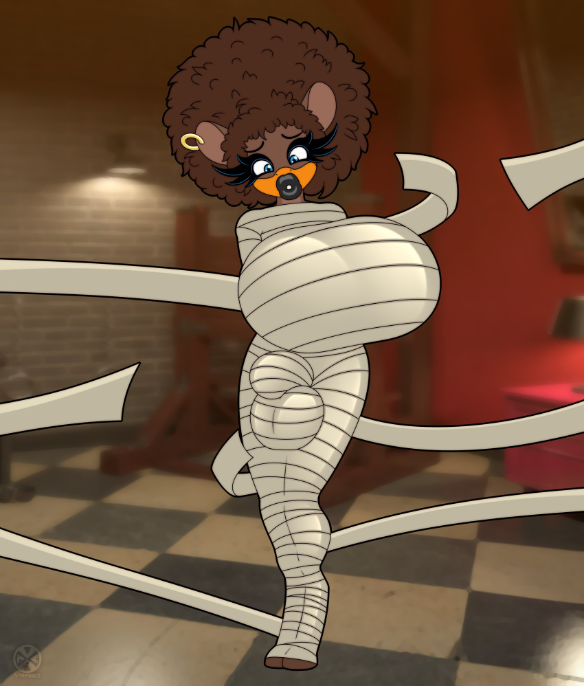 2023 absurd_res afro anthro bdsm big_breasts bimbo_anthro bimbo_lip bimbofication blue_eyes bondage bound breasts bulge eyelash_fetish eyelashes genitals hi_res huge_breasts hyper hyper_breasts hyper_genitalia long_eyelashes mummification mummified mummy_wrappings penis puffy_lips solo solo_focus standing thick_eyelashes vrabo wrappings