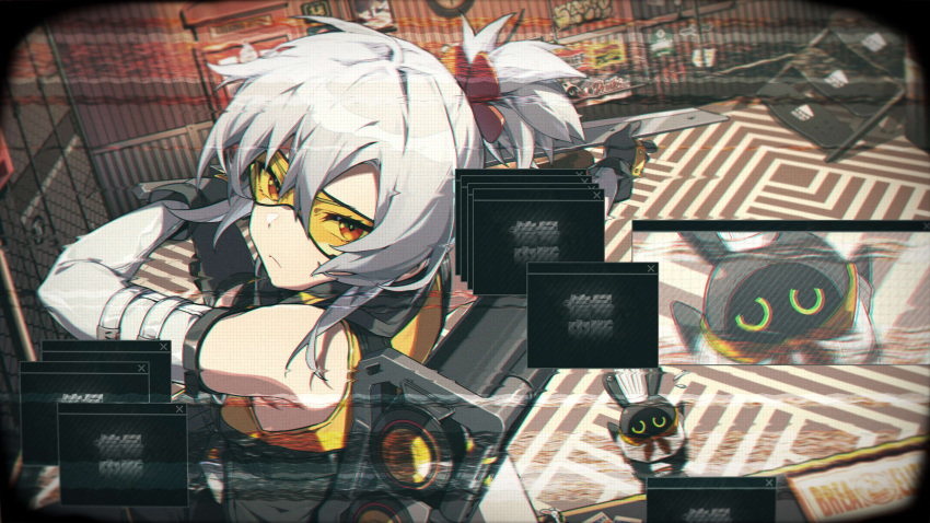 1girl absurdres bad_source bangboo_(zenless_zone_zero) blurry blurry_background detached_sleeves highres indoors looking_at_viewer medium_hair official_art red_eyes scanlines short_ponytail soldier_11_(zenless_zone_zero) sword tinted_eyewear user_interface vignetting weapon white_hair window_(computing) yellow-tinted_eyewear zenless_zone_zero
