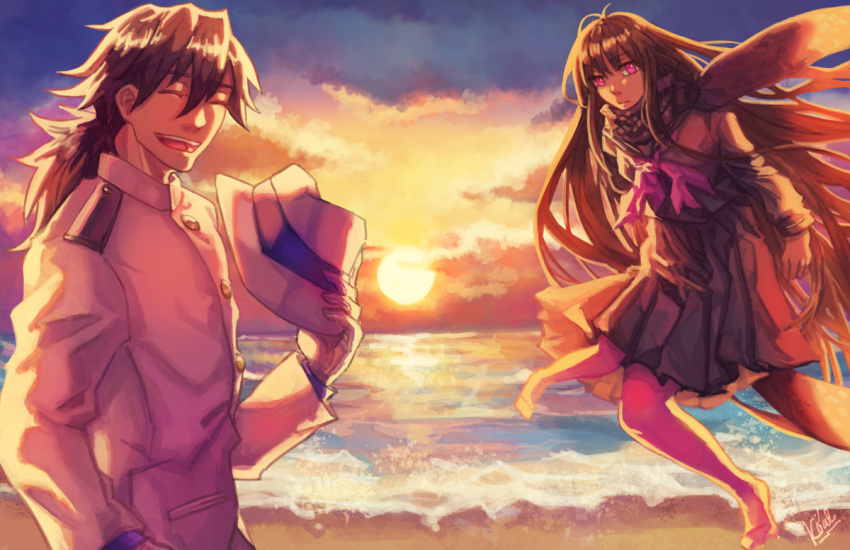 1boy 1girl beach black_hair black_scarf black_serafuku closed_eyes closed_mouth cloud dappled_sunlight expressionless fate/grand_order fate_(series) fedora floating formal hat holding holding_clothes holding_hat koalchicine long_hair looking_at_another low_ponytail open_mouth oryou_(fate) pink_eyes sakamoto_ryouma scarf school_uniform serafuku signature smile suit sunlight sunset torn_neckerchief very_long_hair water waves white_suit wide_shot
