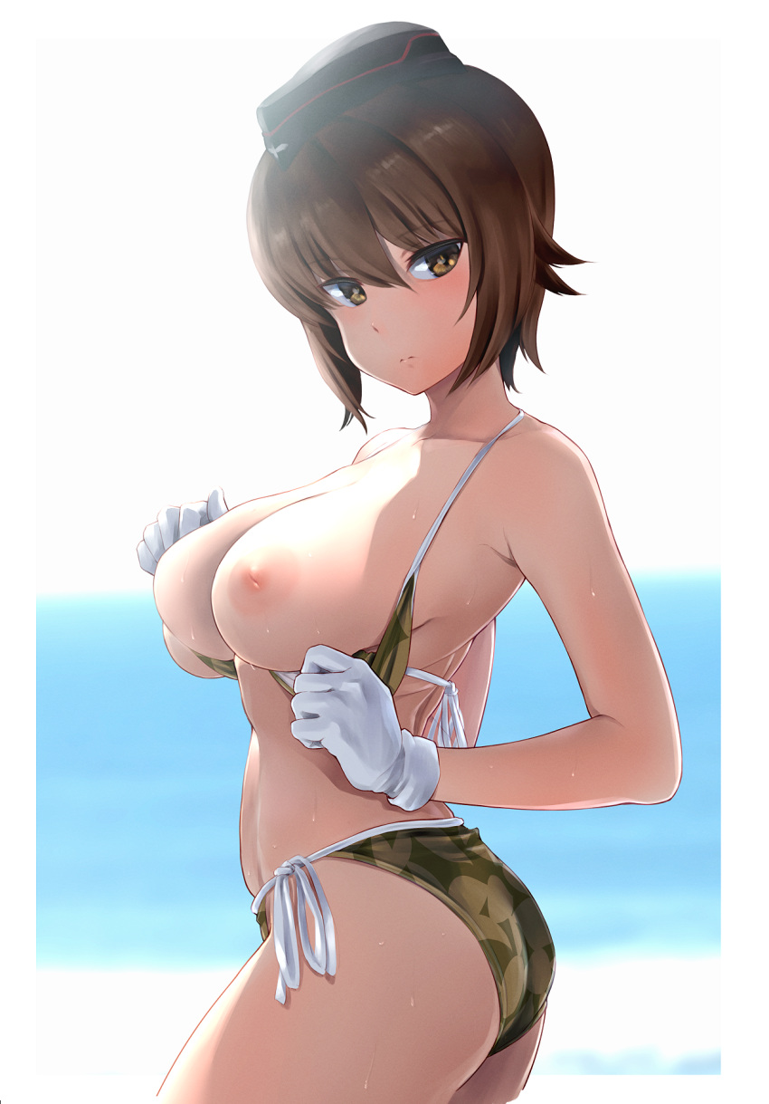 1girl ass backlighting bikini bikini_pull black_headwear breasts breasts_out brown_eyes brown_hair camouflage camouflage_bikini closed_mouth clothes_pull collarbone commentary_request contrapposto day dutch_angle expressionless from_side garrison_cap girls_und_panzer gloves green_bikini hair_between_eyes halterneck hat highres horizon inverted_nipples large_breasts looking_at_viewer nipples nishizumi_maho outdoors print_bikini pulled_by_self revision short_hair side-tie_bikini_bottom solo standing string_bikini sunlight swimsuit wa_(genryusui) wet white_gloves