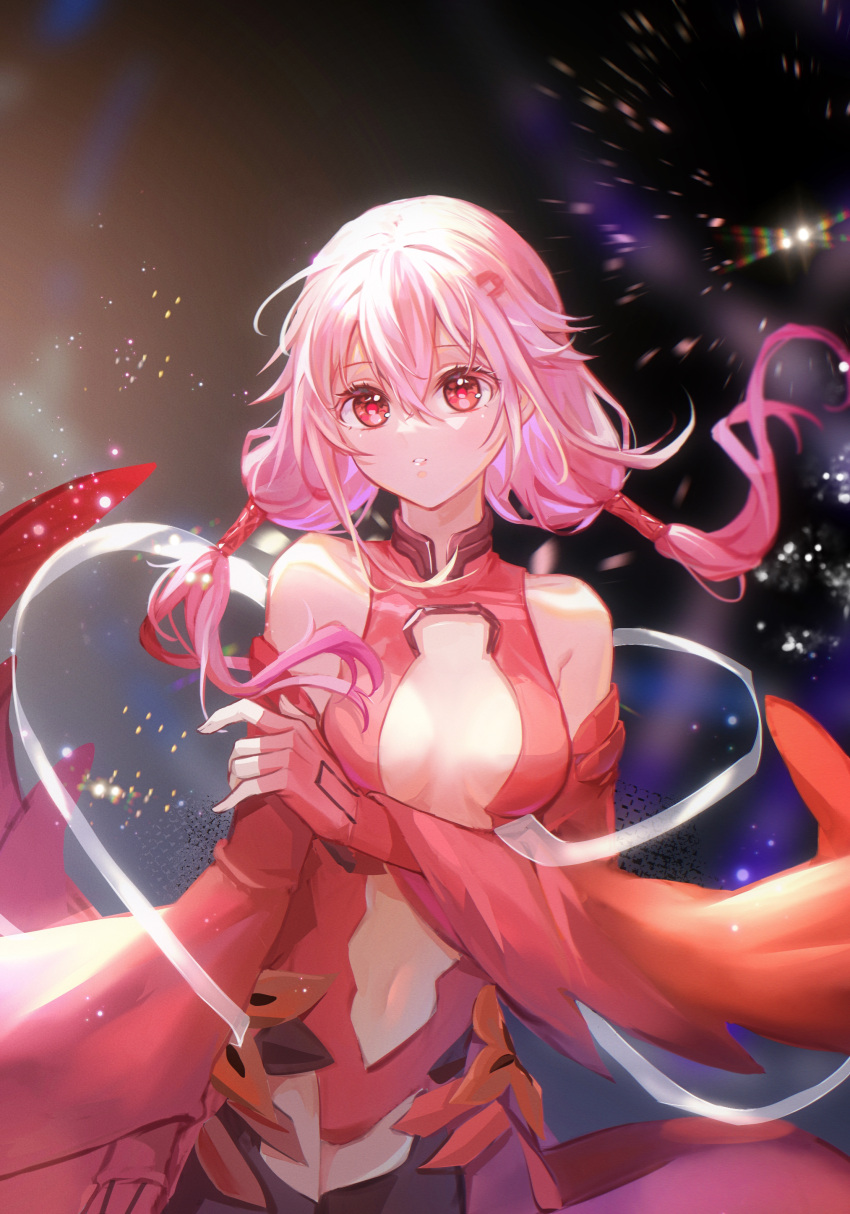 1girl :o absurdres bare_shoulders black_thighhighs blush breasts center_opening cleavage detached_sleeves elbow_gloves fingerless_gloves floating floating_hair floating_object gloves guilty_crown hair_ornament hairclip hand_on_own_arm highres lights long_hair looking_at_viewer medium_breasts navel negai_(48282230) open_mouth pink_hair red_eyes ribbon smile solo thighhighs twintails white_ribbon yuzuriha_inori