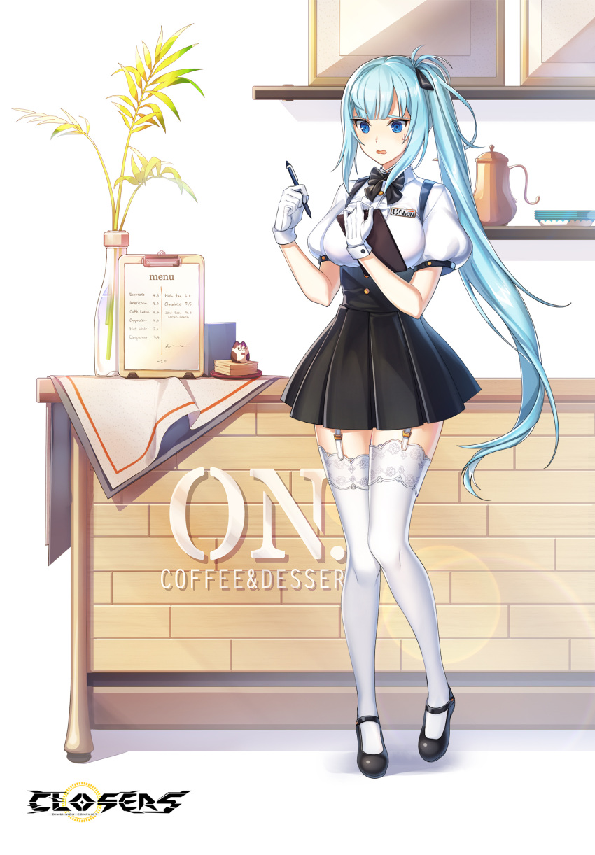 1girl badge black_bow black_bowtie black_footwear black_skirt blue_eyes blue_hair blush bow bowtie breasts center_frills clipboard closers coffee_pot collared_shirt copyright_name counter embarrassed frills full_body furrowed_brow garter_straps gloves hair_bow hands_up heel_up high-waist_skirt highres holding holding_clipboard holding_pen knees_together_feet_apart lace-trimmed_thighhighs large_breasts leaf lens_flare lens_flare_abuse logo long_hair looking_down mary_janes menu miniskirt official_art pen picture_frame plate plate_stack pleated_skirt ponytail puffy_short_sleeves puffy_sleeves shelf shirt shoes short_sleeves sidelocks skirt solo square_mouth standing suspender_skirt suspenders sweatdrop thighhighs underbust vase very_long_hair violet_(closers) waitress white_background white_gloves white_shirt white_thighhighs zettai_ryouiki