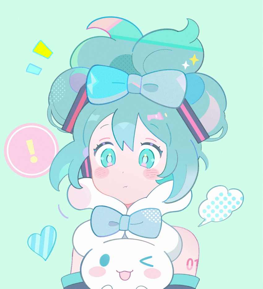 ! 1girl :t aqua_bow aqua_eyes aqua_hair black_sleeves blush_stickers borrowed_hairstyle bow cinnamiku cinnamoroll cloud creature detached_sleeves dot_nose ear_bow folded_twintails green_background halftone hatsune_miku heart highres holding holding_creature klarogiraffe multicolored_hair number_tattoo one_eye_closed pastel_colors sanrio sparkle spoken_exclamation_mark tattoo tied_ears twintails updo upper_body vocaloid