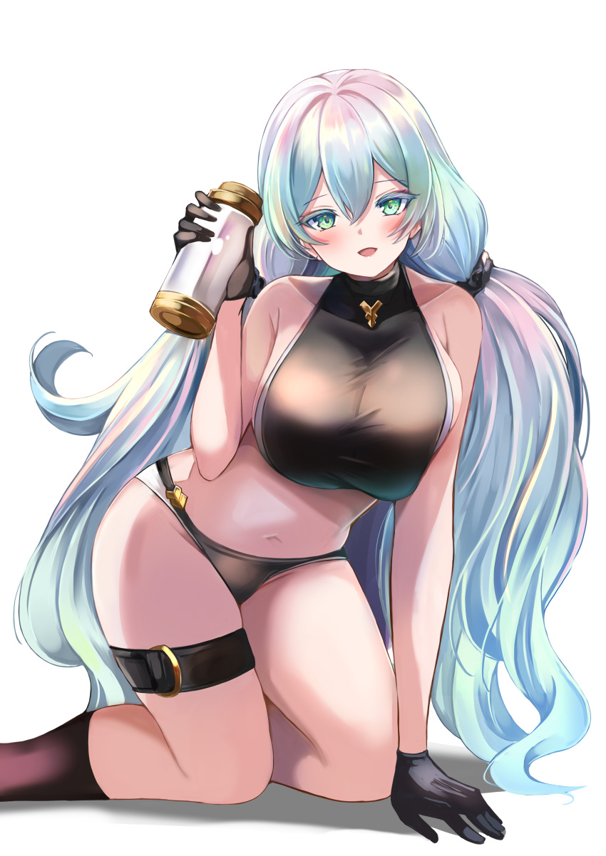 1girl absurdres bare_shoulders bikini black_bikini black_gloves blush breasts collarbone cupitan_(granblue_fantasy) cupitan_(summer)_(granblue_fantasy) gloves gradient_hair granblue_fantasy green_eyes green_hair highres huge_breasts long_hair looking_at_viewer low_twintails multicolored_hair navel shibakame solo swimsuit thighs twintails very_long_hair