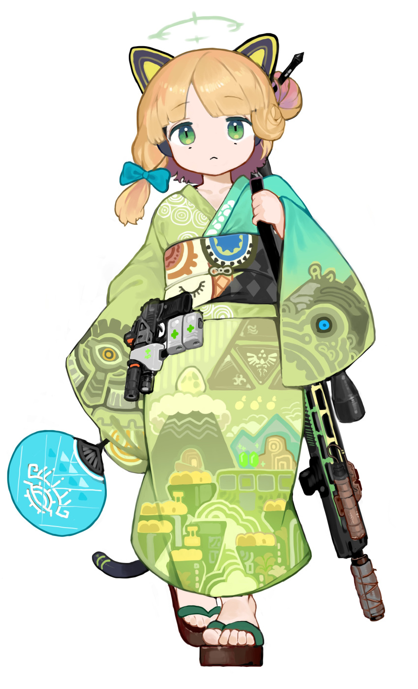 1girl absurdres alternate_costume animal_ear_headphones animal_ears battle_rifle belt_pouch blonde_hair blue_archive blue_bow bow cat_ear_headphones closed_mouth commentary fake_animal_ears full_body geta green_eyes gun h&amp;k_g3 hair_bow halo hand_fan headphones highres holding holding_fan japanese_clothes kimono looking_at_viewer medium_hair menthako midori_(blue_archive) no_socks obi obijime paper_fan pouch print_kimono rifle sash simple_background solo standing straight-on symbol-only_commentary tail the_legend_of_zelda the_legend_of_zelda:_breath_of_the_wild the_legend_of_zelda:_tears_of_the_kingdom uchiwa weapon white_background yukata