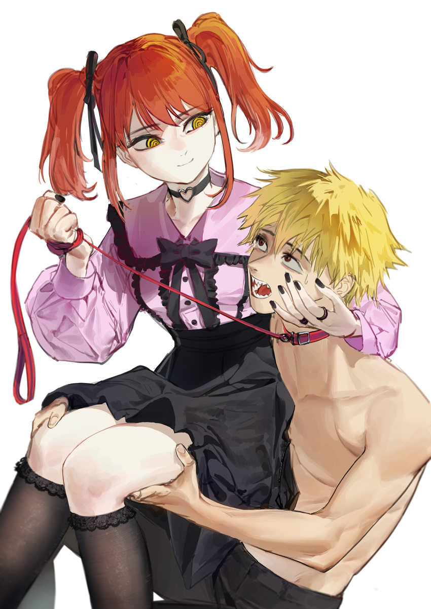 1girl absurdres arm_around_neck black_choker black_nails black_pants black_ribbon black_skirt chainsaw_man choker clenched_hand closed_mouth denji_(chainsaw_man) femdom ghdwid hair_ribbon hand_on_another's_cheek hand_on_another's_face heart heart_choker high-waist_skirt highres jirai_kei kneehighs leash leash_pull light_smile looking_at_another makima_(chainsaw_man) nail_polish open_mouth pants pink_shirt red_hair ribbon ringed_eyes sharp_teeth shirt short_hair simple_background skirt socks teeth topless_male twintails white_background