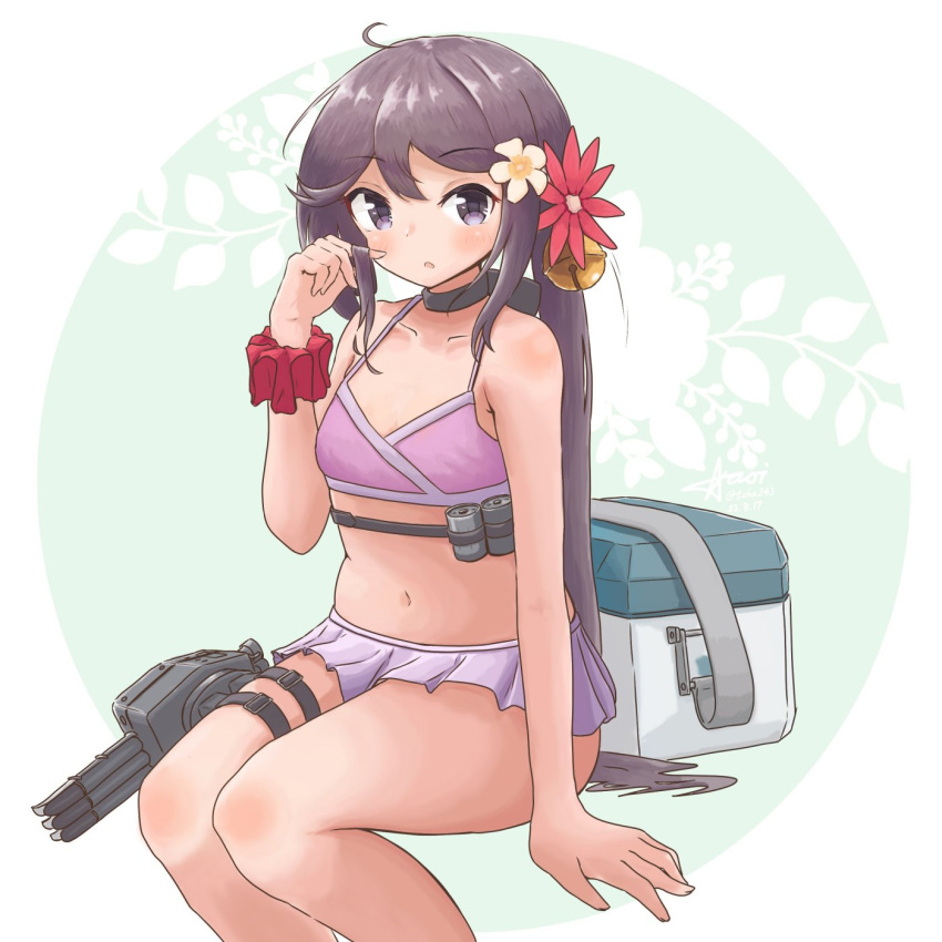 1girl aaoi ahoge akebono_(kancolle) akebono_kai_ni_(kancolle) alternate_hairstyle bell bikini bikini_skirt bob_cut box cooler feet_out_of_frame flat_chest flower grey_eyes grey_hair hair_bell hair_flower hair_ornament highres inverted_bob jingle_bell kantai_collection official_alternate_costume pink_bikini red_scrunchie scrunchie side_ponytail sitting solo swimsuit torpedo_launcher