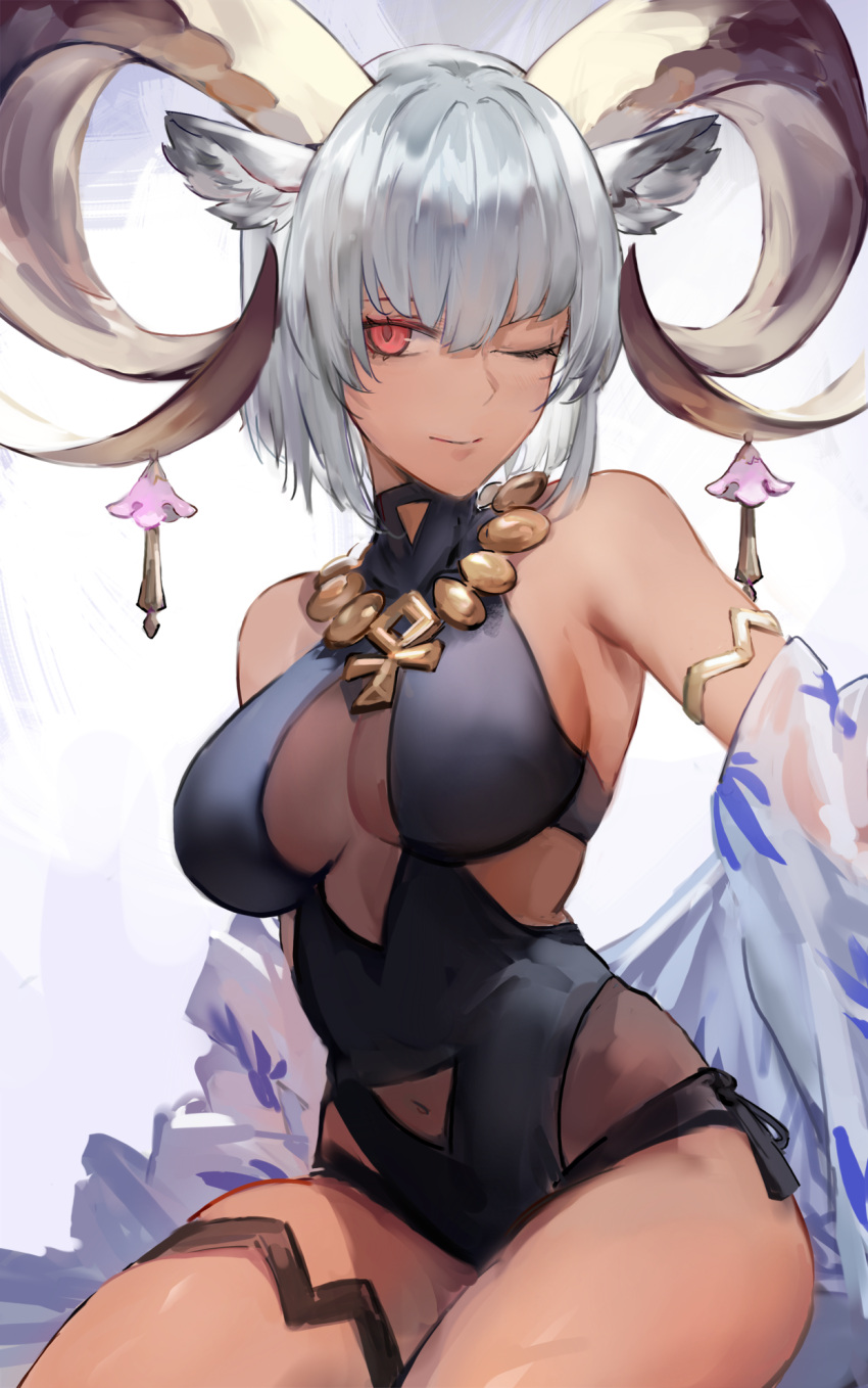 1girl ;) animal_ears arknights armlet bare_shoulders black_one-piece_swimsuit breasts carnelian_(arknights) carnelian_(shimmering_dew)_(arknights) casual_one-piece_swimsuit cleavage closed_mouth covered_navel dark-skinned_female dark_skin gnai goat_ears goat_girl goat_horns grey_hair highres horns jewelry large_breasts looking_at_viewer necklace official_alternate_costume one-piece_swimsuit one_eye_closed open_clothes red_eyes short_hair simple_background sitting smile solo swimsuit white_background