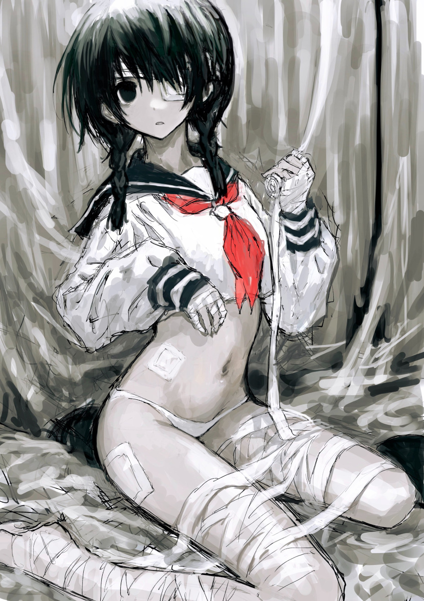 1girl absurdres bandage_on_thigh bandage_over_one_eye bandaged_hand bandaged_leg bandages bandaid_on_stomach black_eyes black_hair braid commentary_request crop_top curtains empty_eyes expressionless foot_out_of_frame hands_up highres holding_bandages kobushi_abiru long_hair long_sleeves looking_at_viewer low_twin_braids neckerchief no_pants no_pupils one_eye_covered pale_skin panties parted_lips puffy_long_sleeves puffy_sleeves red_neckerchief sayonara_zetsubou_sensei school_uniform serafuku sitting solo torichikushou twin_braids underwear wariza white_panties