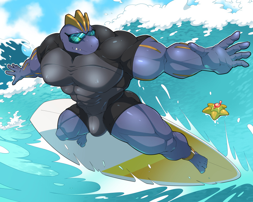 abs absurd_res big_pecs bulge clothed clothing eyewear generation_1_pokemon glasses hi_res humanoid machoke maldu male muscular muscular_humanoid muscular_male nintendo pecs pokemon pokemon_(species) ryuji_kaiyo staryu surfboard surfing water wave wetsuit