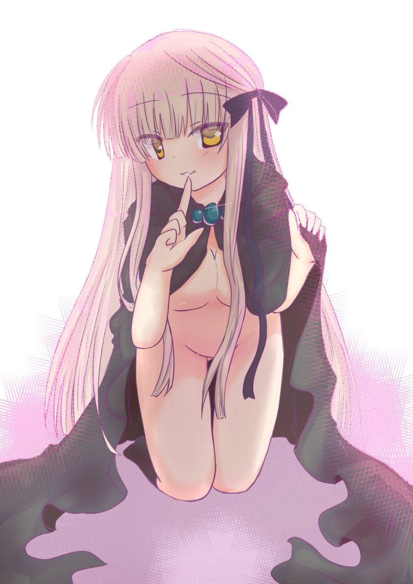 1girl black_bow black_cloak black_ribbon bloom blunt_bangs blush bow breasts canaca_chiyuri cleavage cloak commentary_request eyes_visible_through_hair finger_to_mouth full_body glint hair_bow hair_censor hair_ribbon hands_up head_tilt highres index_finger_raised kneeling light_brown_hair long_hair long_ribbon looking_at_viewer medium_breasts naked_cloak parted_lips rewrite ribbon seductive_smile senri_akane shushing sidelocks simple_background smile solo straight_hair thigh_gap thighs very_long_hair white_background yellow_eyes