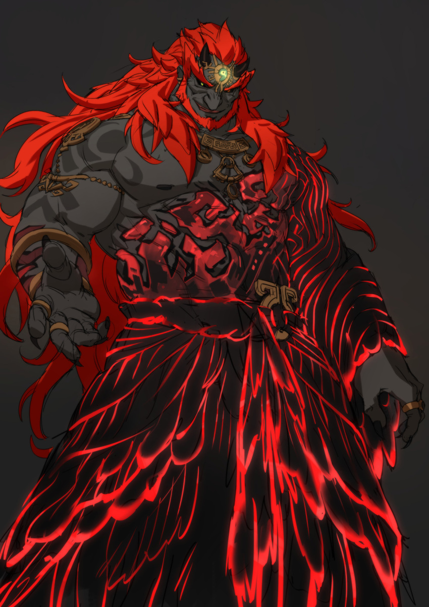 1boy bara beard black_sclera colored_sclera colored_skin commentary demon_boy demon_horns english_commentary facial_hair ganondorf grey_skin highres horns jewelry long_hair looking_at_viewer male_focus muscular muscular_male nesskain nipples parted_lips red_hair ring simple_background smirk solo teeth the_legend_of_zelda the_legend_of_zelda:_tears_of_the_kingdom very_long_hair yellow_eyes