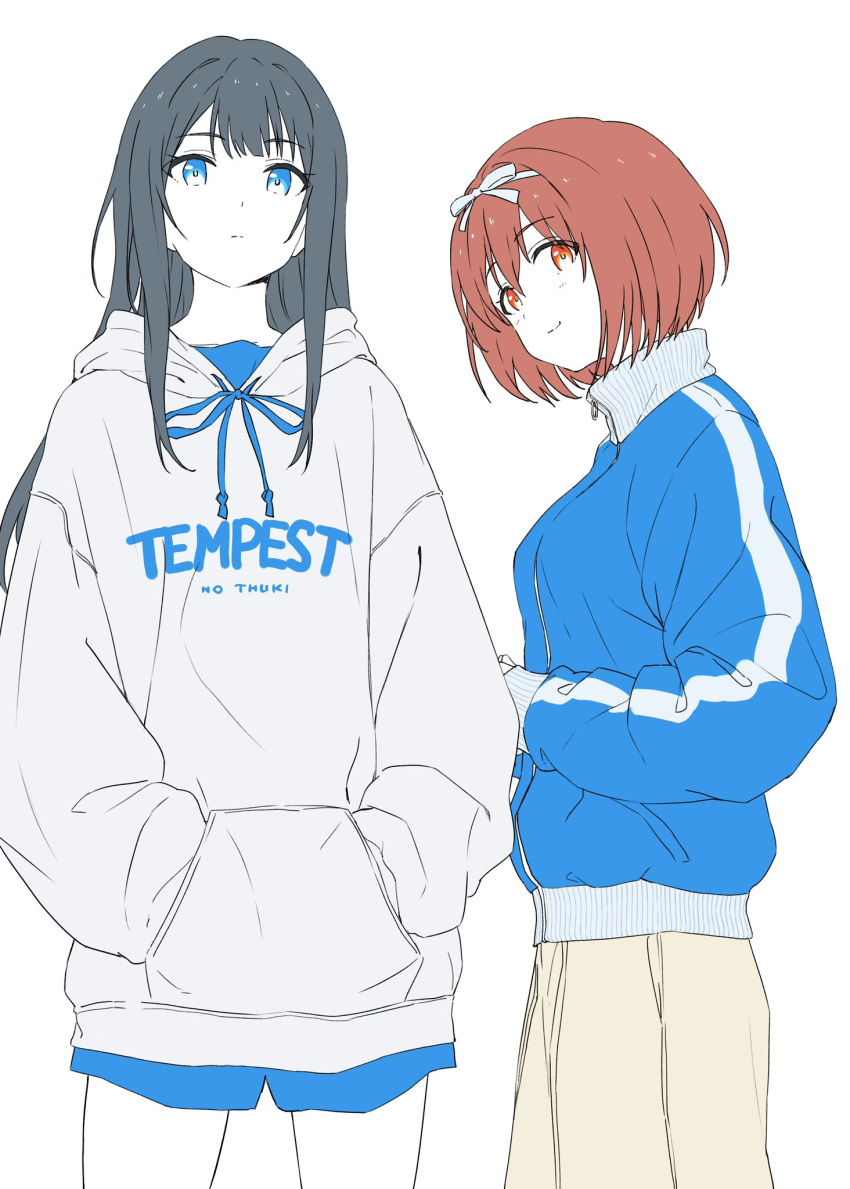 2girls :| ayano_yuu_(sonma_1426) black_hair blue_eyes blue_jacket blue_shirt breasts brown_eyes brown_hair closed_mouth cowboy_shot drawstring expressionless flat_color hair_ribbon hands_in_pockets high_collar highres hood hood_down hoodie ibuki_nagisa idoly_pride jacket legs_apart limited_palette long_bangs long_hair long_sleeves looking_at_viewer medium_breasts multiple_girls nagase_kotono pleated_skirt print_hoodie raised_eyebrows ribbed_jacket ribbon shirt sidelocks simple_background skirt sleeve_cuffs smile straight_hair striped striped_jacket thighs track_jacket white_background yellow_skirt zipper