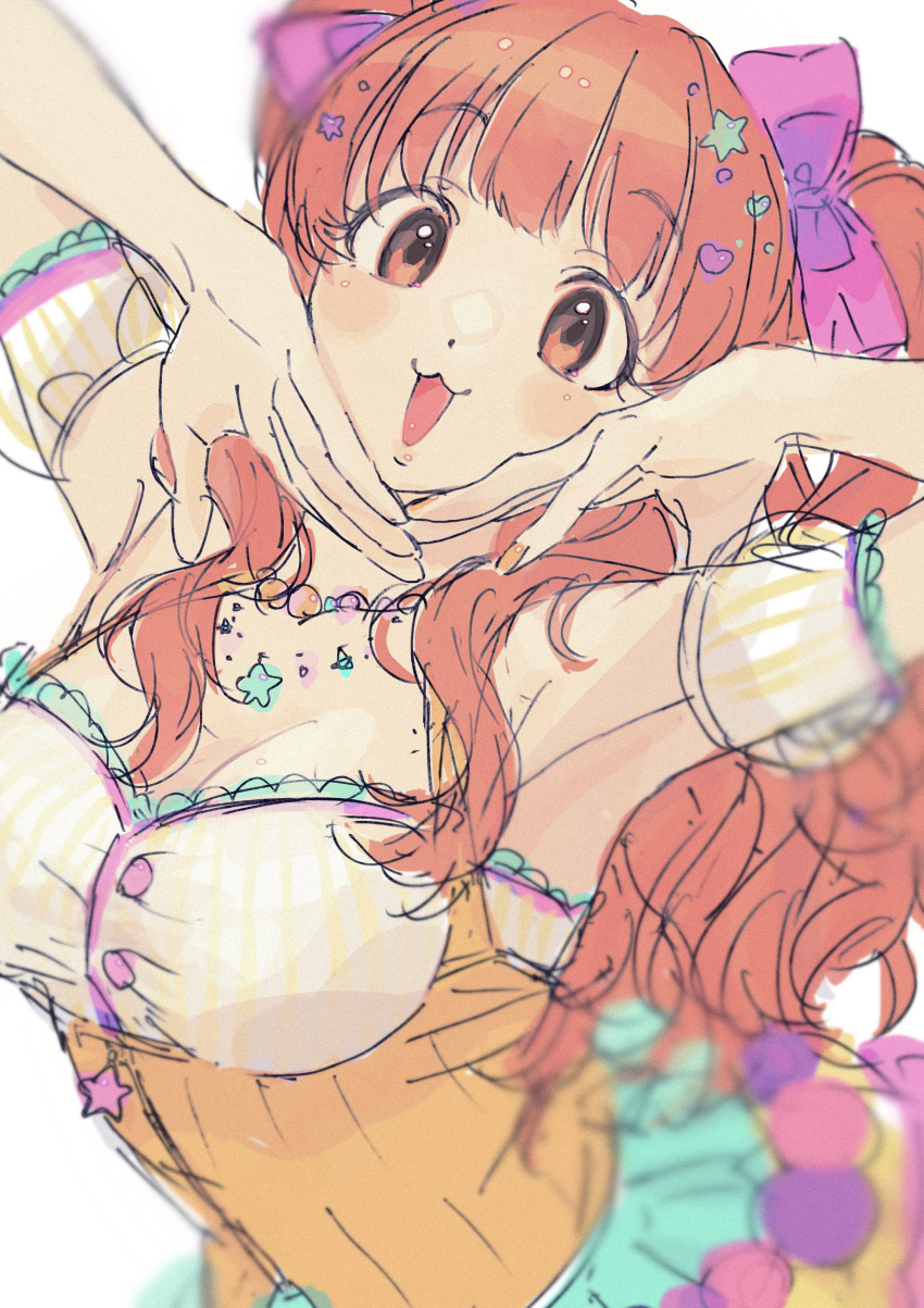 1girl :3 absurdres armpits bead_necklace beads blurry blush bow breasts brown_eyes brown_hair cleavage collarbone depth_of_field detached_sleeves dot_nose dress frilled_dress frilled_sleeves frills hair_bow hair_ornament hair_ribbon hands_up highres idolmaster idolmaster_cinderella_girls idolmaster_cinderella_girls_starlight_stage jewelry large_breasts long_hair looking_at_viewer min_(812nn_im) moroboshi_kirari multicolored_clothes multicolored_dress necklace open_mouth pink_ribbon purple_ribbon ribbon simple_background sleeveless sleeveless_dress smile solo star_(symbol) star_hair_ornament star_necklace twintails upper_body white_background white_sleeves