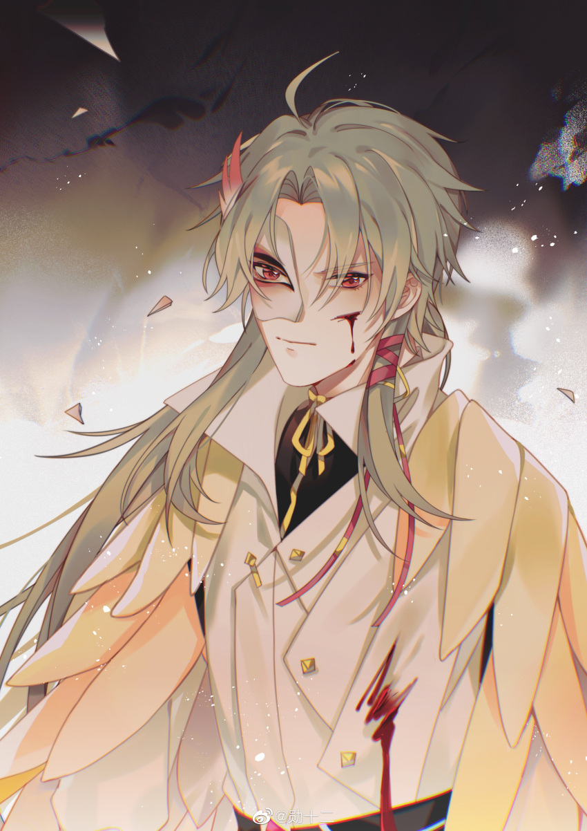1boy absurdres ahoge bishounen black_background black_shirt blood blood_drip blood_on_clothes blood_on_face buttons cape chin chinese_commentary closed_mouth collared_jacket commentary_request diamond_button expressionless feathered_cape gesiyu hair_ribbon high_collar highres injury jacket light_green_hair long_hair looking_at_viewer male_focus mask_over_one_eye neck_ribbon red_eyes red_ribbon ribbon shards shirt sidelocks solo squirrel_fish_(the_tale_of_food) the_tale_of_food two-tone_background upper_body v-shaped_eyebrows white_background white_cape white_jacket white_mask wing_hair_ornament yellow_ribbon yellow_trim