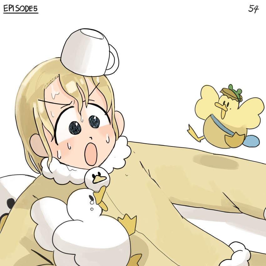 1girl :o bag bird blonde_hair bottle_cap cup diva_(hyxpk) duck duckling frog_headband fur-trimmed_pajamas highres numbered object_on_head original pajamas pillow simple_background teacup waking_up wet wet_hair yellow_pajamas