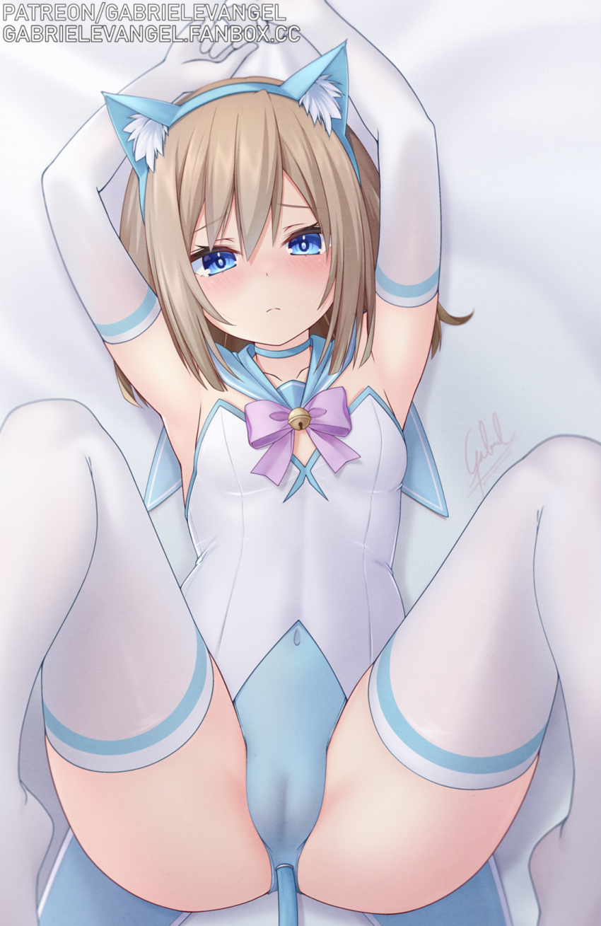 1girl :d animal_ear_fluff animal_ear_headwear animal_ears arms_behind_head arms_up ass bare_shoulders bell blue_choker blue_eyes blue_leotard blush bow bowtie breasts brown_hair cameltoe cat_ears cat_tail choker covered_navel detached_collar elbow_gloves embarrassed fake_animal_ears fake_tail frown gabriel_evangel gloves hair_between_eyes highres knees_up legs_up leotard looking_at_viewer lying m_legs medium_hair neck_bell neptune_(series) on_back paid_reward_available rom_(neptune_series) sidelocks signature skindentation small_breasts smile solo spread_legs tail thighhighs thighs two-tone_leotard white_gloves white_leotard white_thighhighs