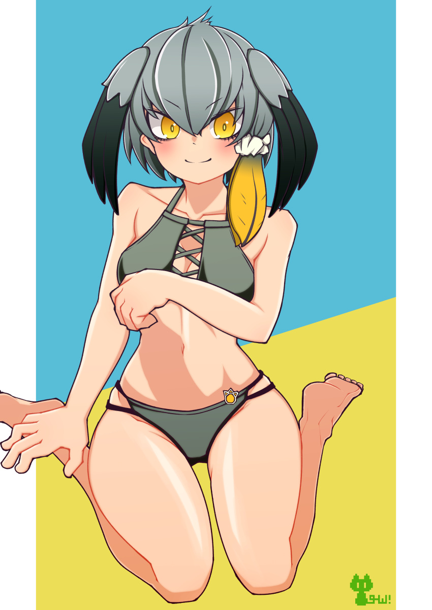 1girl absurdres bare_arms bare_legs bare_shoulders barefoot bikini bird_wings black_hair black_wings blonde_hair breasts bright_pupils cleavage closed_mouth collarbone eyes_visible_through_hair feathered_wings grey_bikini grey_hair grey_wings hair_between_eyes hair_ornament hair_scrunchie head_wings highres kemono_friends long_hair looking_at_viewer medium_breasts midriff multicolored_hair navel sakumochi_(pixiv4431677) scrunchie shoebill_(kemono_friends) side_ponytail smile solo split_mouth swimsuit thighs tsurime two-tone_wings white_pupils white_scrunchie wings yellow_eyes