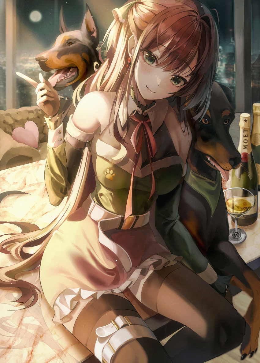 1girl absurdres animal bare_shoulders belt black_thighhighs bottle breasts brown_hair brown_skirt closed_mouth cocktail_glass cup detached_sleeves doberman dog drinking_glass frilled_skirt frills green_eyes green_shirt half_updo hand_up highres jaduade long_hair long_sleeves looking_at_viewer medium_breasts miniskirt original shirt shirt_tucked_in sitting skirt smile solo thigh_strap thighhighs very_long_hair wing_collar