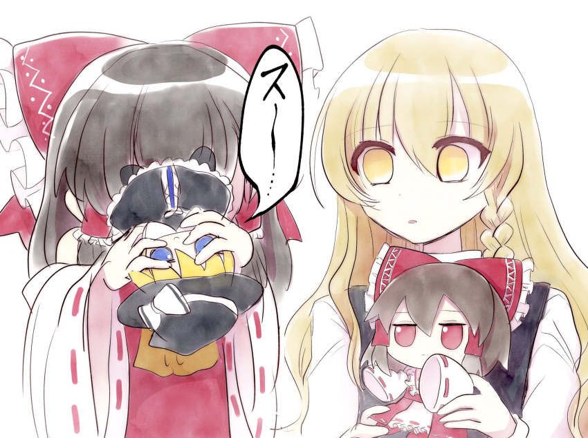 2girls ascot black_hair black_vest blonde_hair blue_eyes bow braid commentary detached_sleeves doll empty_eyes frilled_bow frilled_hair_tubes frills fumo_(doll) hair_bow hair_tubes hakurei_reimu hat hat_bow highres holding holding_doll kirisame_marisa long_hair long_sleeves looking_at_another mochi547 multiple_girls open_mouth red_bow red_eyes ribbon-trimmed_sleeves ribbon_trim side_braid simple_background single_braid smelling touhou translated vest white_background wide_sleeves witch_hat yellow_ascot yellow_eyes