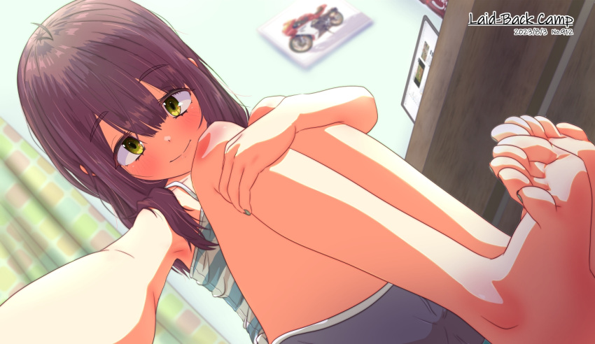 1girl barefoot brown_hair camisole dutch_angle feet green_eyes indoors jagi_(jagi_souken) knees_up long_hair looking_at_viewer selfie short_shorts shorts smile solo striped_camisole toes toki_ayano yurucamp